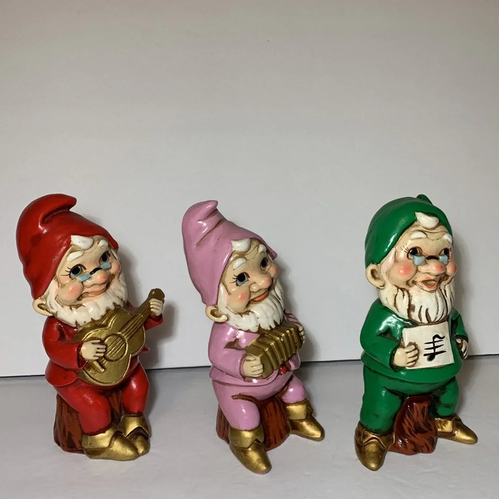 Vintage Elves Musical Instruments Made In Japan Gnomes Christmas Harp Accordion